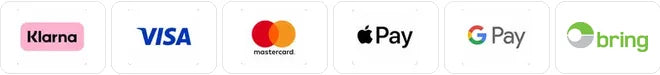 Betalnings- och leveransmetoder: Klarna, Visa, Mastercard, Apple Pay, Google Pay, Bring